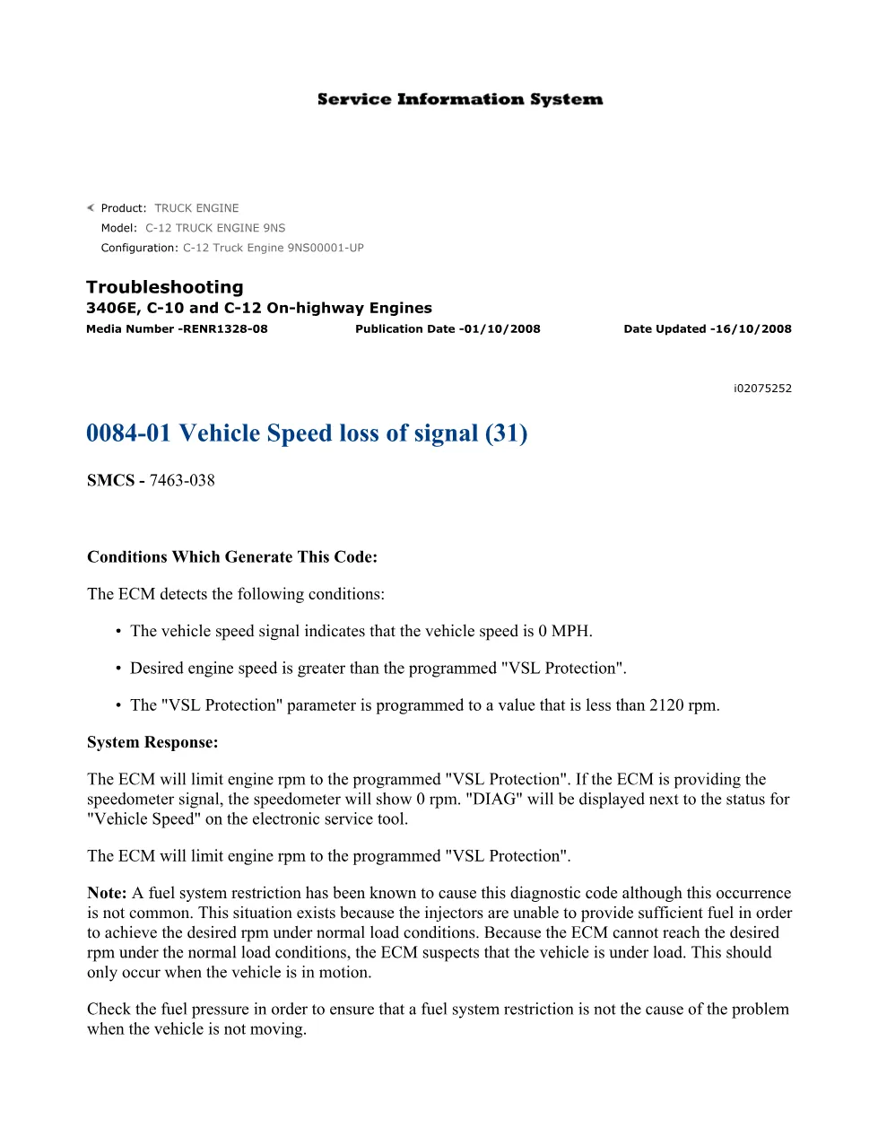 CAT 3406E Vehicle Speed — Troubleshooting Guide 0084-01 – Service - preview page 1 of 2