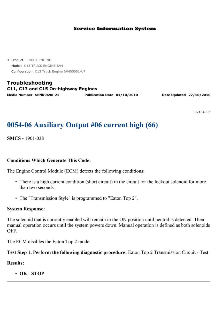 CAT C11 C13 C15 auxiliary output current high — DTC 0054-06 - page 1 is available after signing in