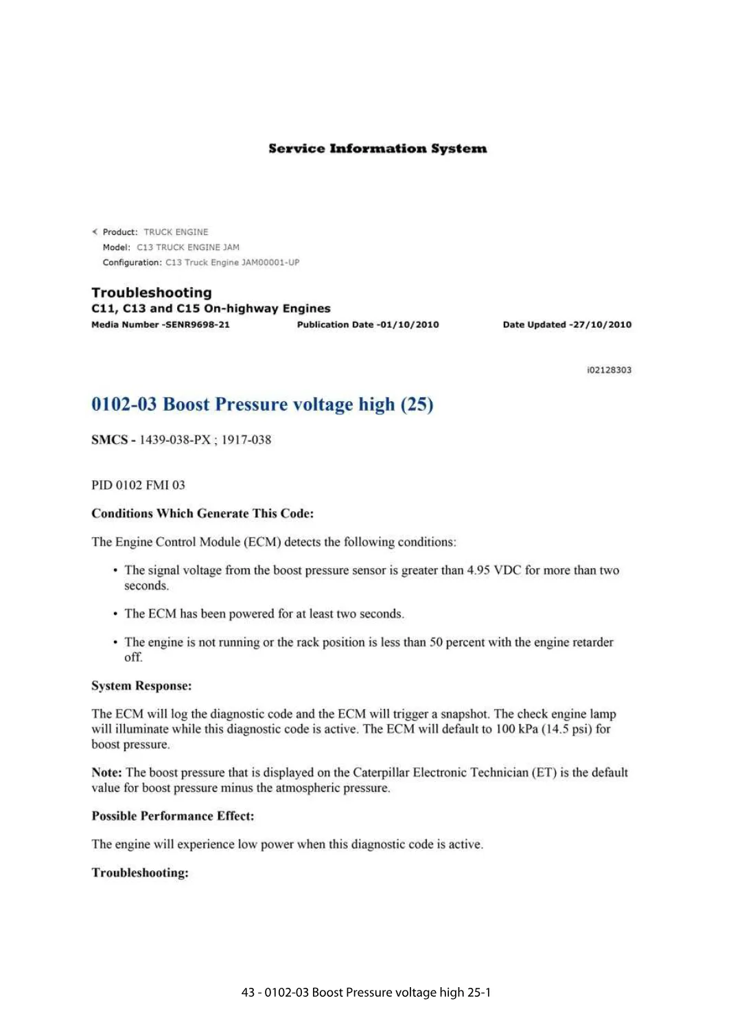 CAT Boost Pressure DTC — Diagnostic Guide 0102-03 Voltage High - preview page 1 of 2