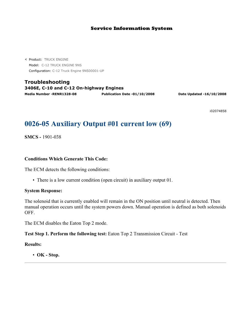 CAT C-12 Auxiliary Output Troubleshooting — DTC 0026-05 Guide - page 1 is available after signing in