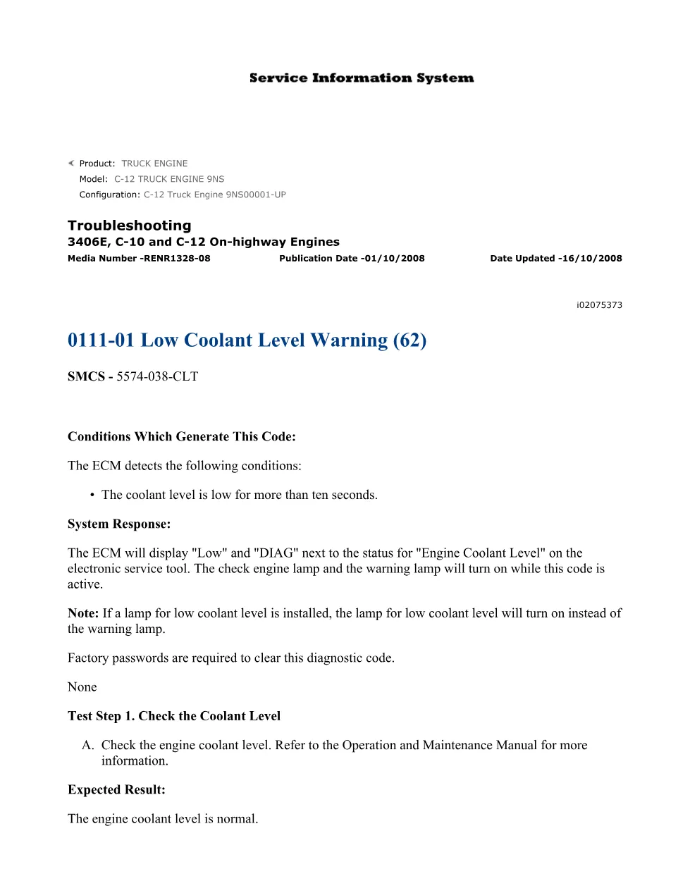 CAT C-12 Coolant Warning — Troubleshooting Guide 0111-01 - preview page 1 of 2