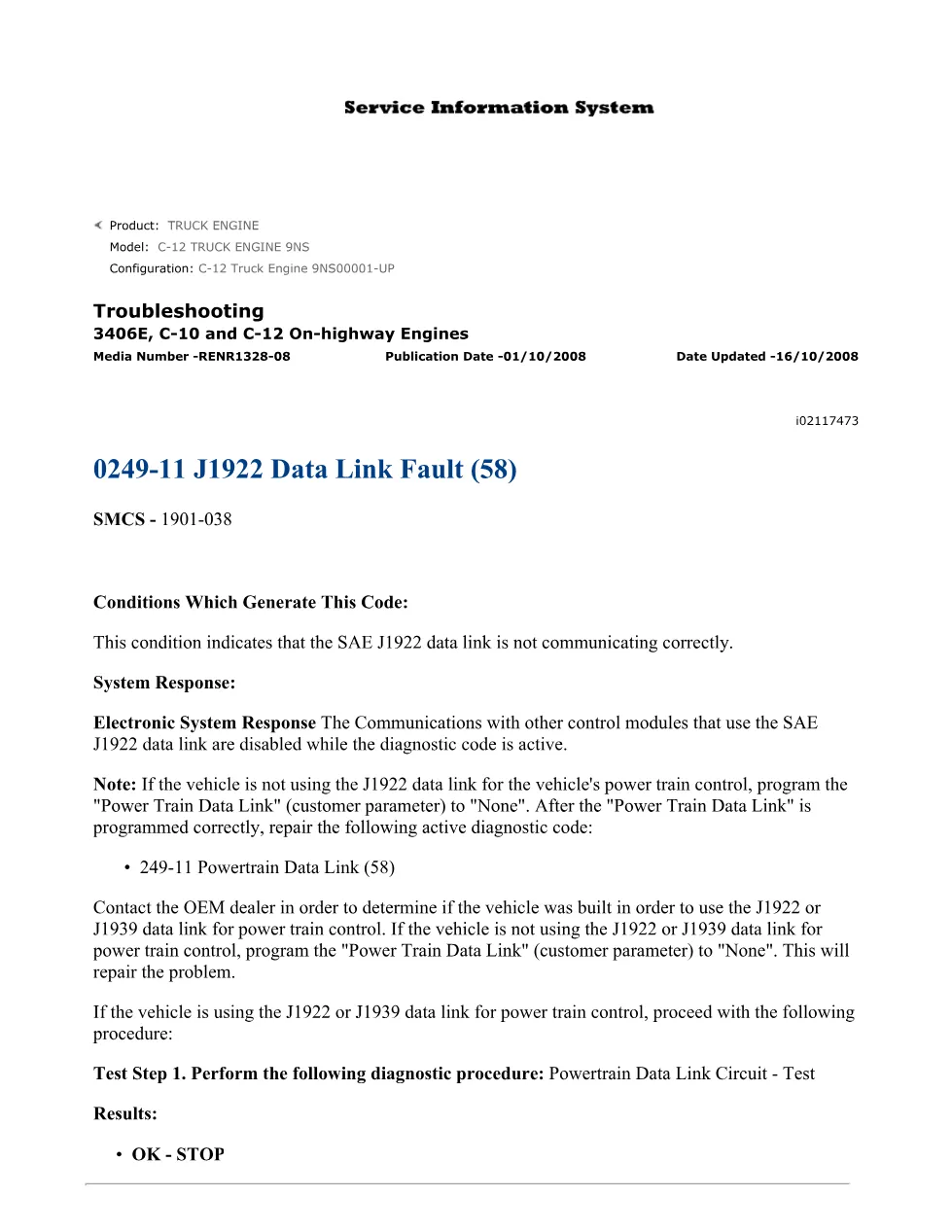 CAT C-12 Data Link Fault — Troubleshooting Guide 0249-11 J1922 - page 1 is available after signing in
