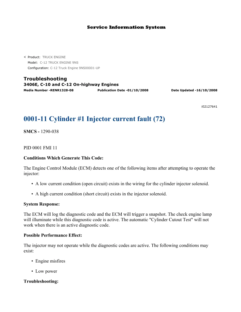 CAT C-12 injector fault — Troubleshooting Guide RENR1328-08 - preview page 1 of 2