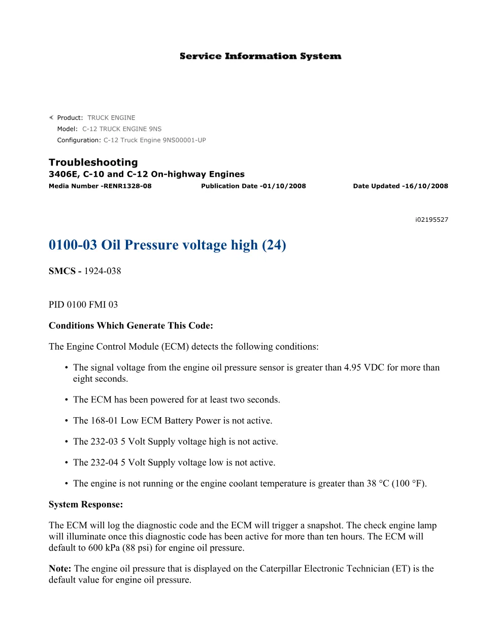 CAT C-12 Oil Pressure Troubleshooting — DTC 0100-03 Voltage High - preview page 1 of 2