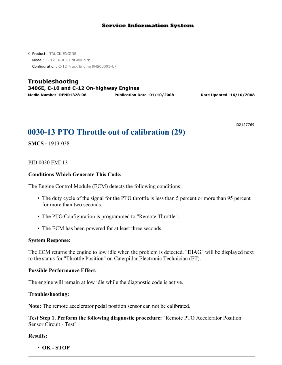 CAT C-12 PTO Throttle Troubleshooting — DTC 0030-13 — Publication - page 1 is available after signing in