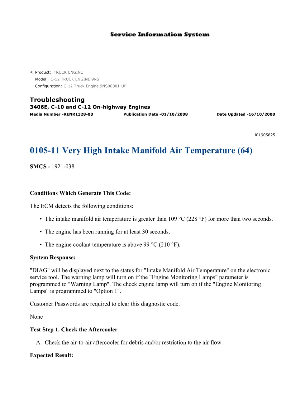 CAT C10 0105-11 — DTC 0105-11 Very High Intake - preview page 1 of 2