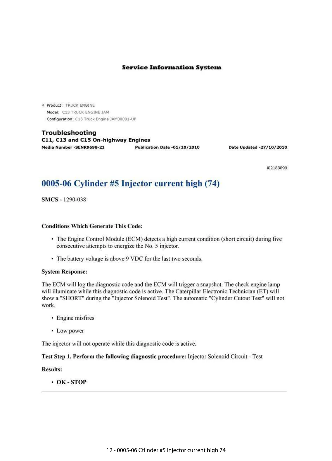 CAT C11 0005-06 — Cylinder #5 Injector Current High 0005-06 - preview page 1 of 2