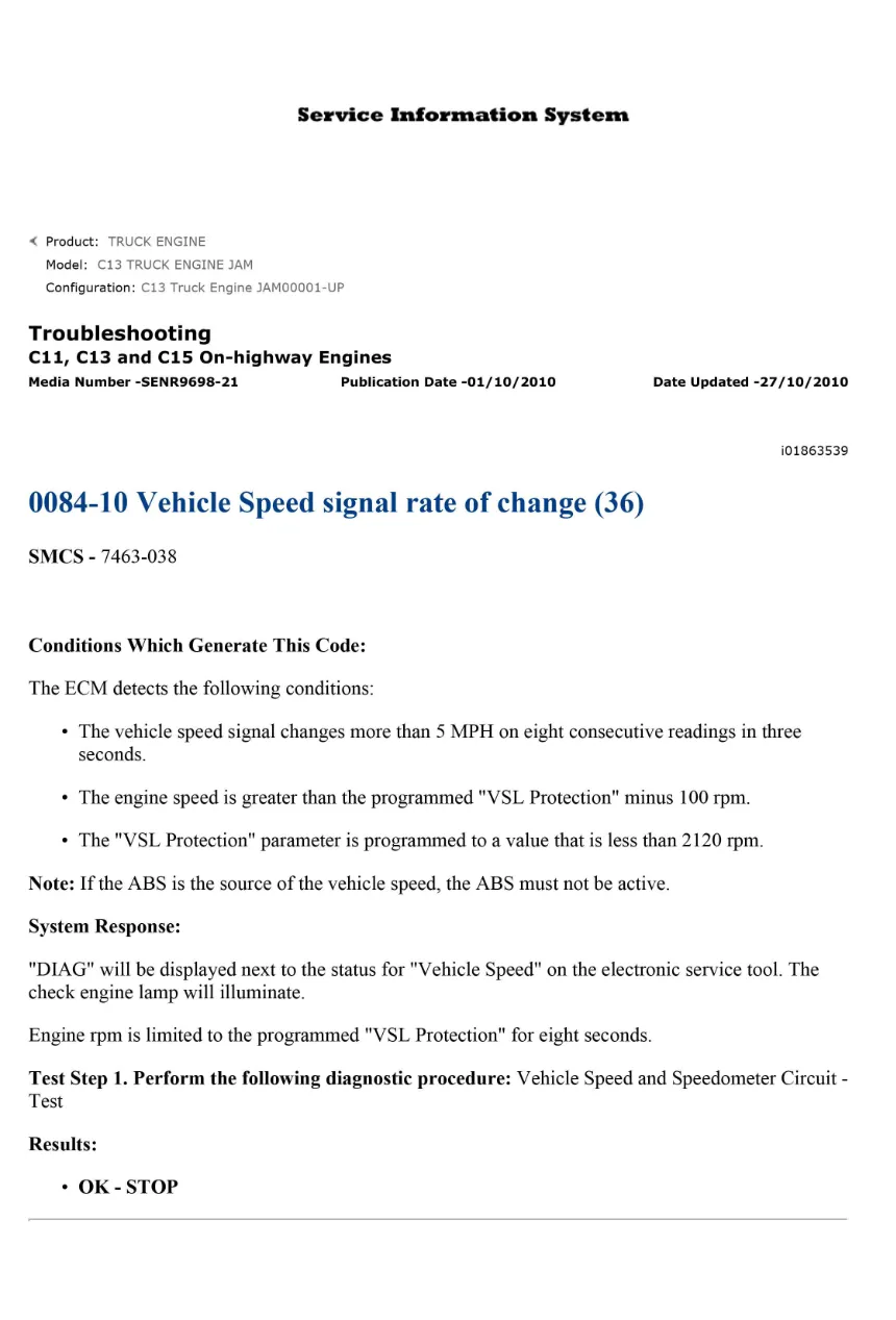 CAT C11 0084-10 DTC — Vehicle Speed Signal Diagnostic Guide - page 1 is available after signing in