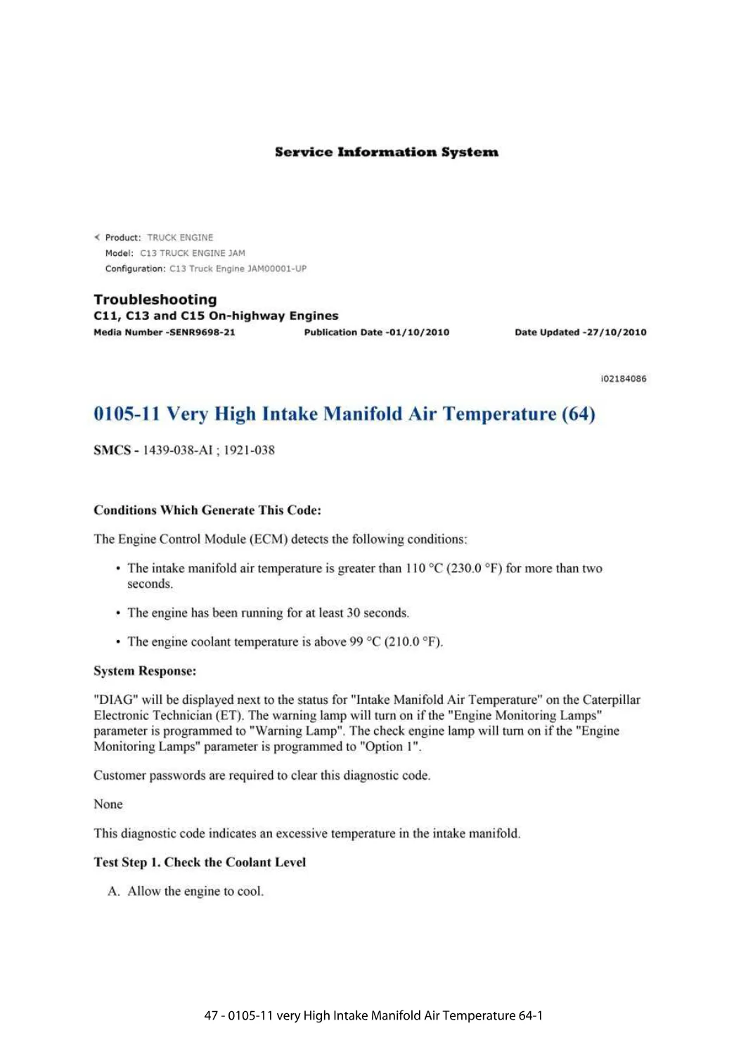CAT C11 Intake Temperature — DTC 0105-11 Very High Intake – Guide - preview page 1 of 2