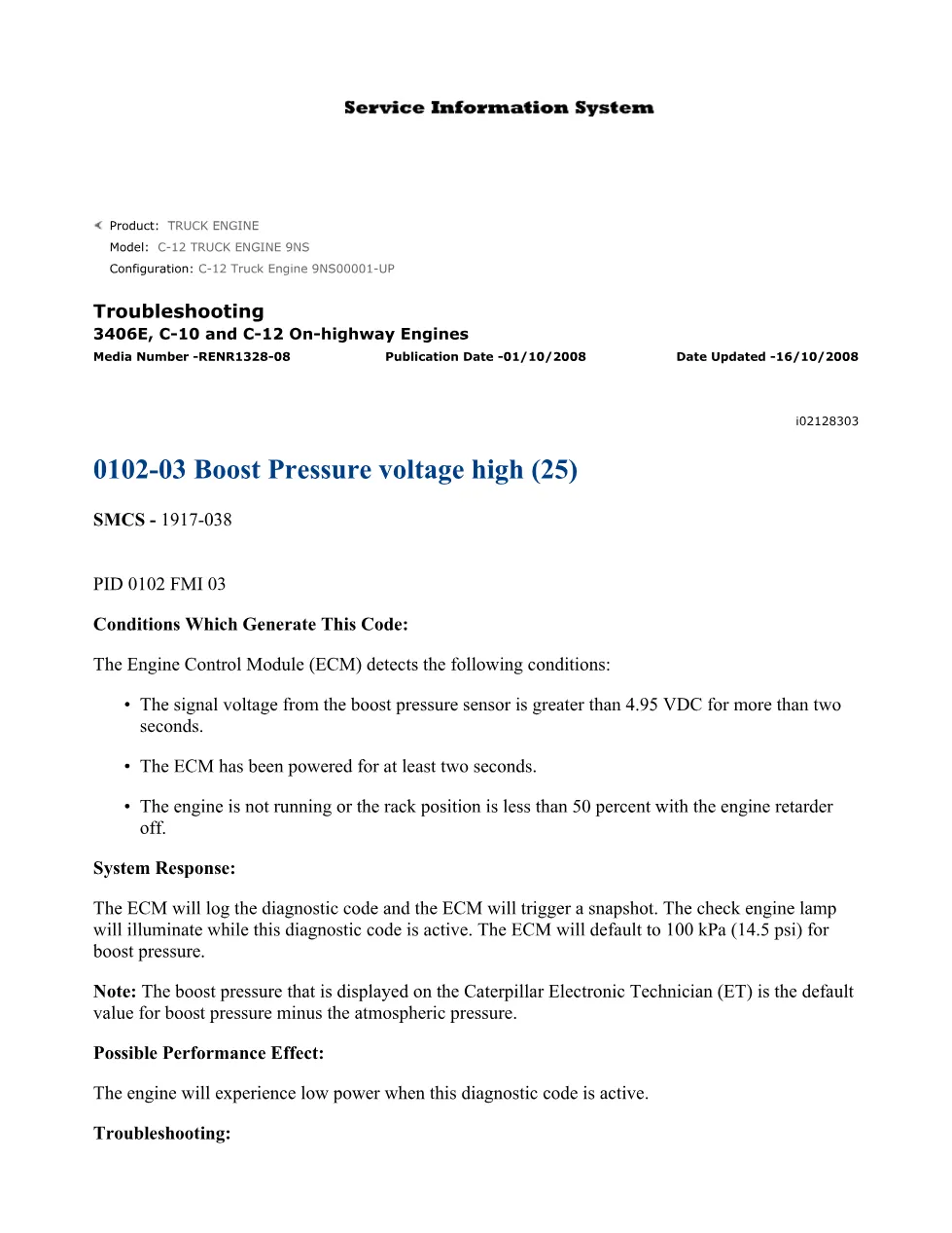 CAT C12 Boost Pressure Troubleshooting — DTC 0102-03 Voltage High - preview page 1 of 2
