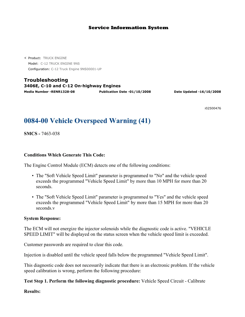 CAT C12 Overspeed Warning — Troubleshooting Guide 0084-00 - preview page 1 of 2