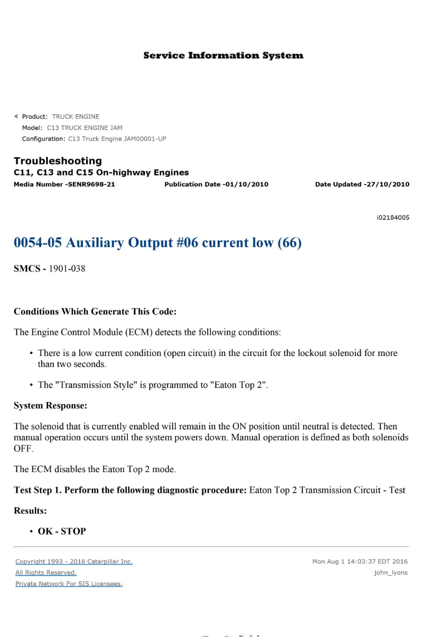 CAT C13 auxiliary output DTC — Diagnostic Guide 0054-05 — PDF, 1 - page 1 is available after signing in