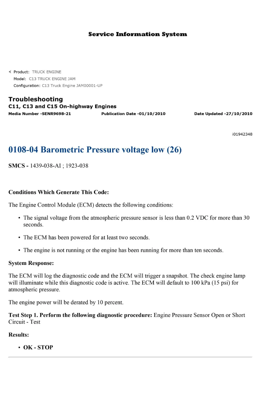 CAT C13 barometric pressure — Diagnostic Trouble Code 0108-04 - page 1 is available after signing in