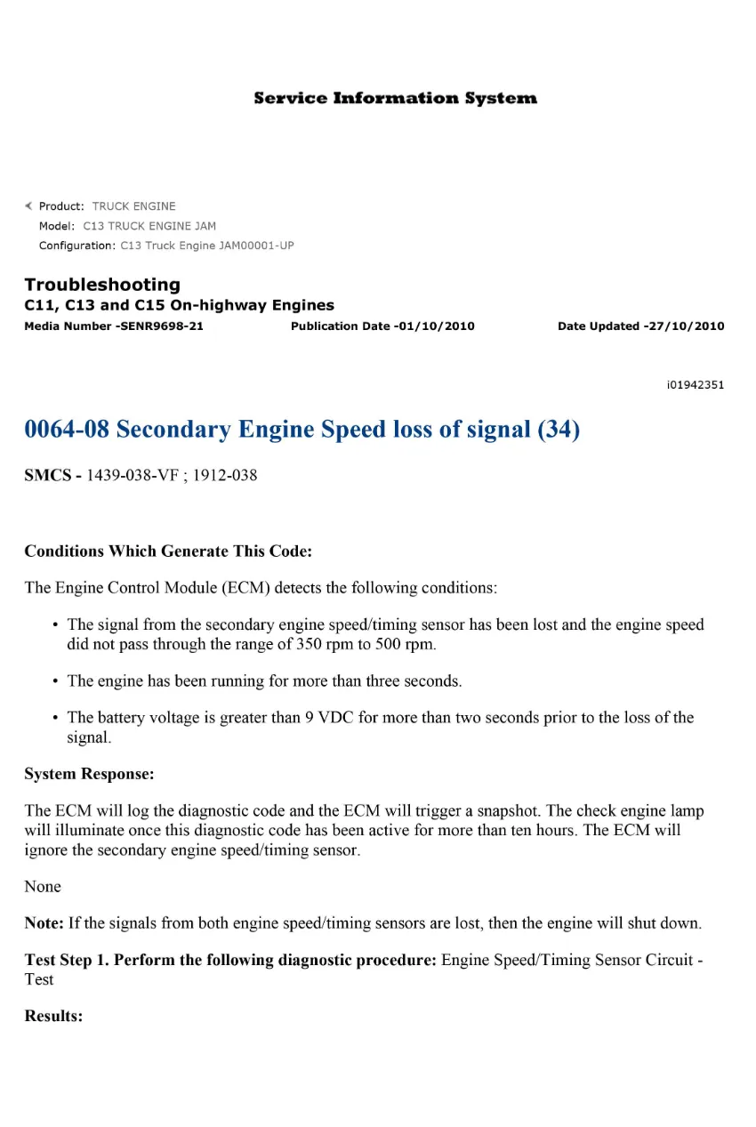 CAT C13 speed sensor DTC — Diagnostic Guide 0064-08 Secondary - page 1 is available after signing in