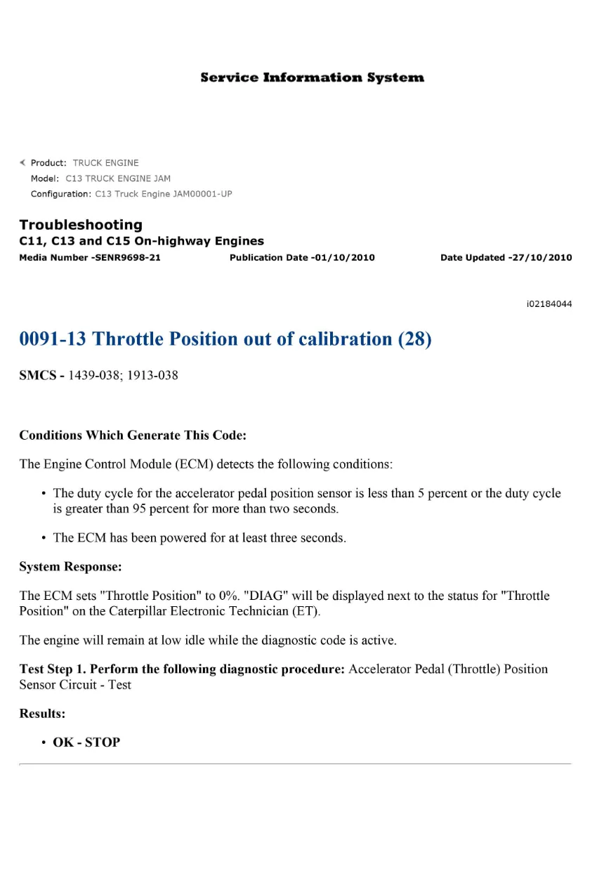 CAT C13 throttle position — DTC 0091-13 Out of Calibration — PDF, - page 1 is available after signing in