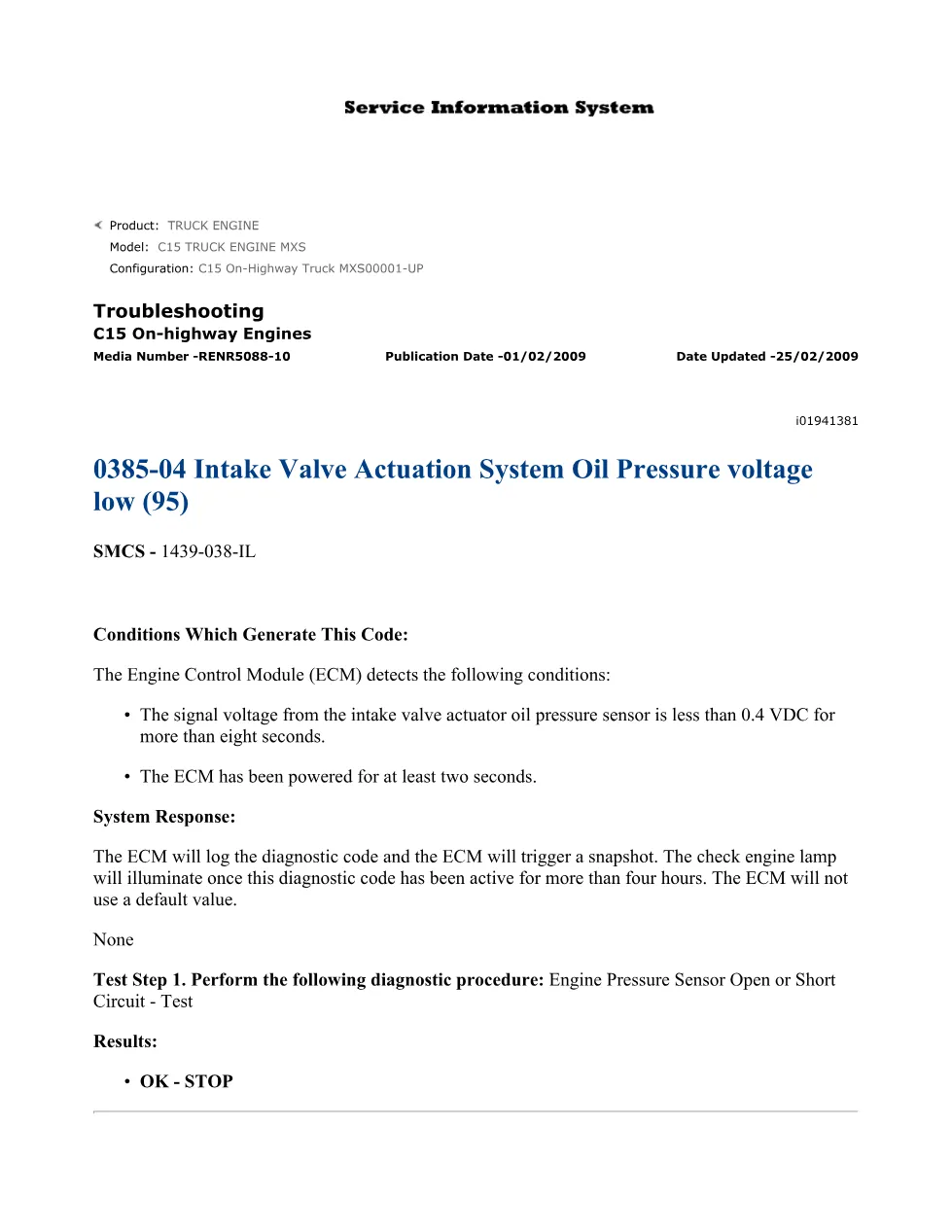 CAT C15 385-04 Actuation Troubleshooting — RENR5088-10 — DTCs - preview page 1 of 3
