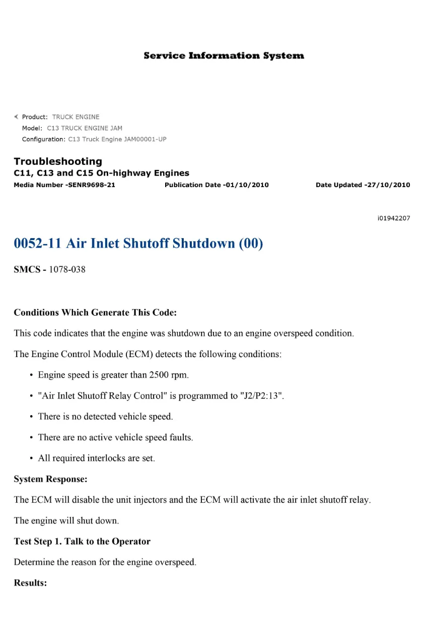 CAT C15 air inlet shutoff — DTC 0052-11 troubleshooting guide - page 1 is available after signing in