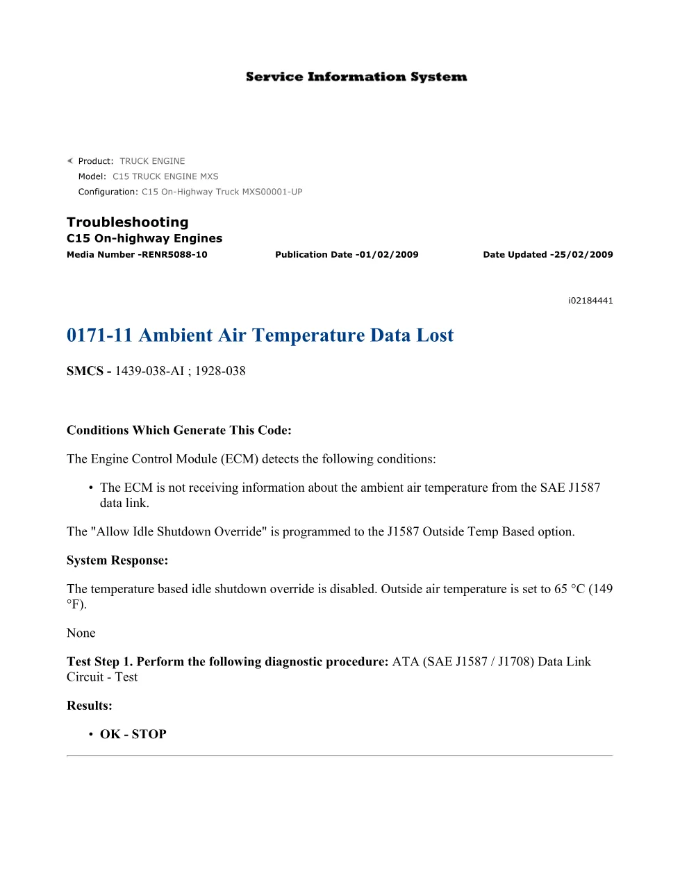 CAT C15 Ambient Temperature Troubleshooting — DTC 0171-11 Data - preview page 1 of 3