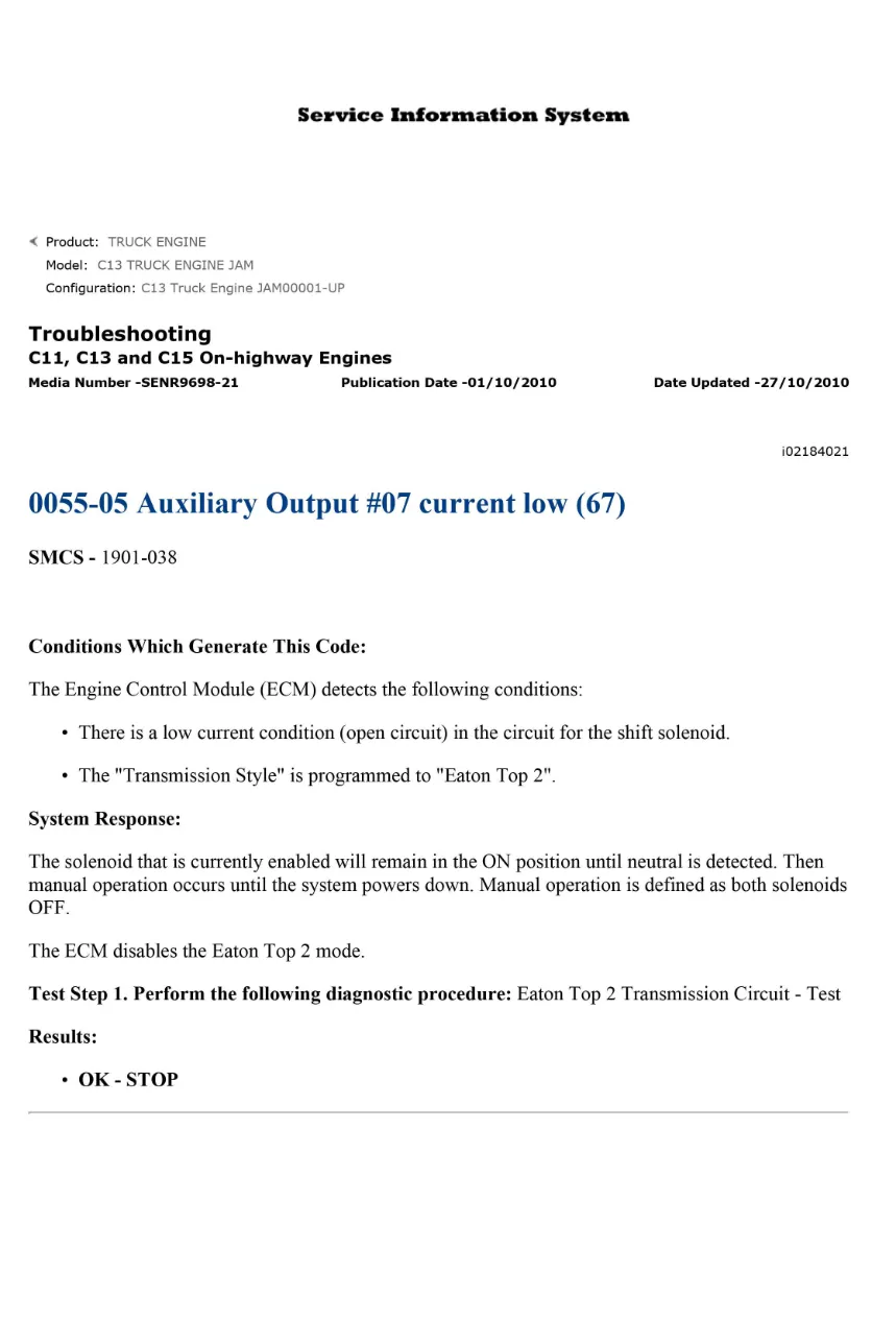 CAT C15 auxiliary output DTC — Diagnostic Guide 0055-05 — PDF, 1 - page 1 is available after signing in