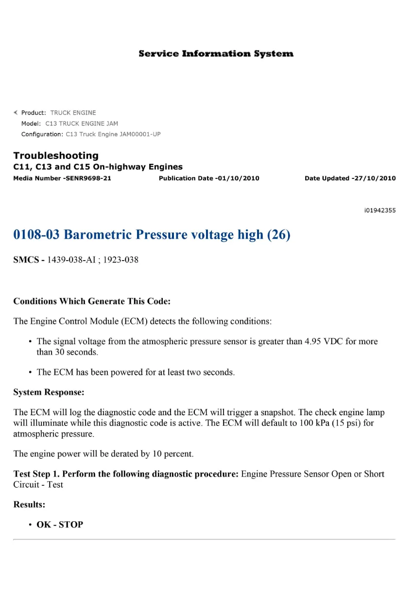 CAT C15 barometric pressure — DTC 0108-03 Voltage High Diagnostic - page 1 is available after signing in