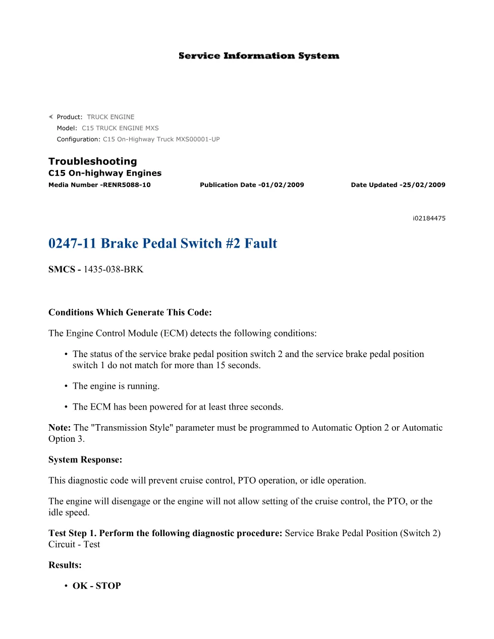 CAT C15 brake switch troubleshooting — Service Manual RENR5088-10 - preview page 1 of 3