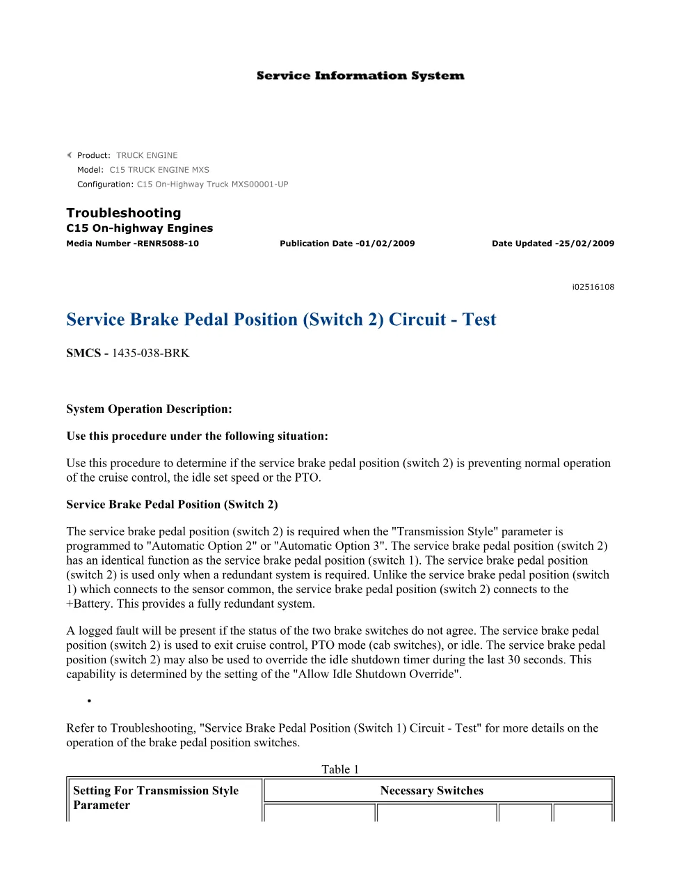 CAT C15 brake switch troubleshooting — Service Manual RENR5088-10 - preview page 2 of 3