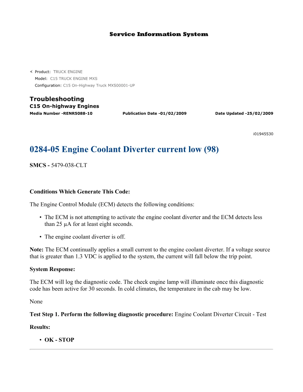 CAT C15 coolant diverter troubleshooting manual — DTC 0284-05 - preview page 1 of 3