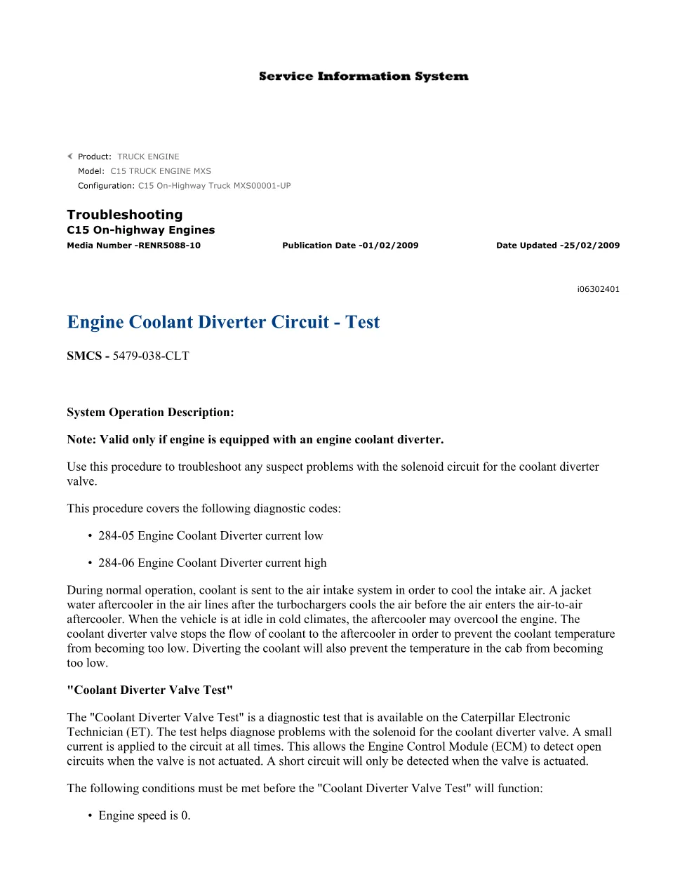 CAT C15 coolant diverter troubleshooting manual — DTC 0284-05 - preview page 2 of 3