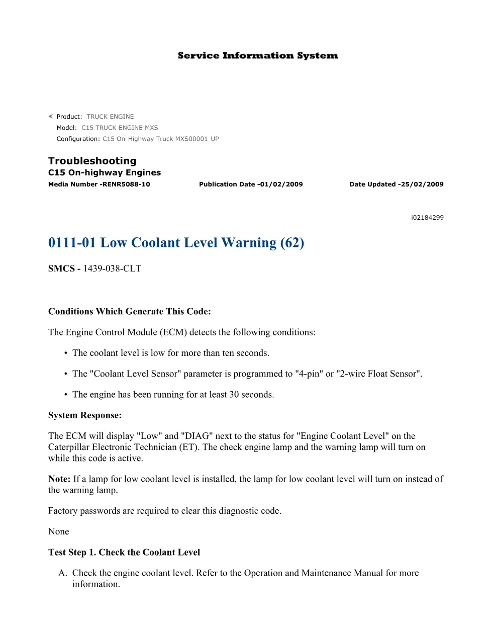 CAT C15 Coolant Warning — Troubleshooting Guide 0111-01 – Service - preview page 1 of 2
