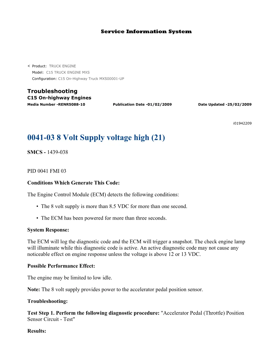 CAT C15 DTC 0041-03 Troubleshooting — Accelerator Pedal Position - preview page 1 of 3
