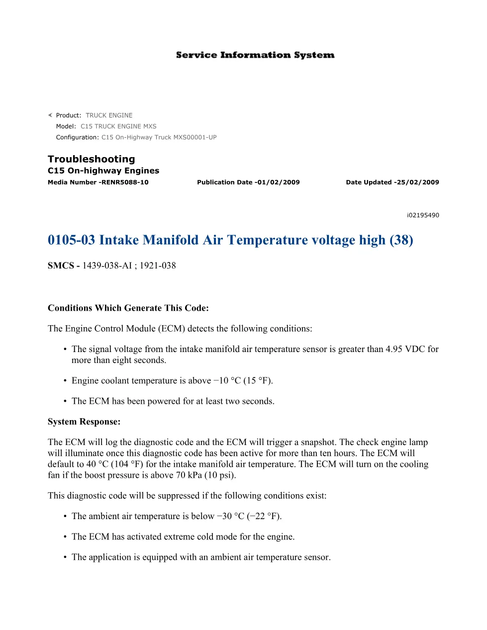 CAT C15 DTC 0105-03 Troubleshooting — RENR5088-10 — PDF, 13 Pages - preview page 1 of 3
