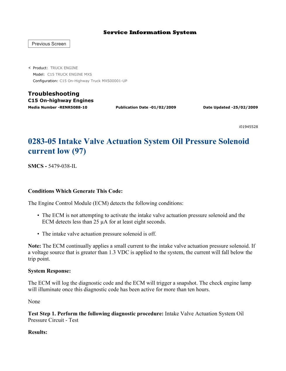 CAT C15 DTC 283-05 Troubleshooting — Intake Valve Actuation - preview page 1 of 3