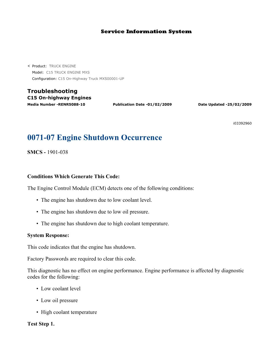 CAT C15 Engine Shutdown Troubleshooting — Publication RENR5088-10 - preview page 1 of 2