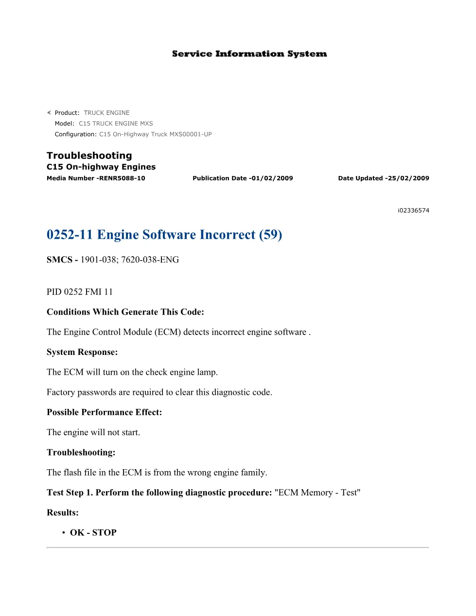 CAT C15 engine software troubleshooting — Diagnostic Code 252-11 - preview page 1 of 3