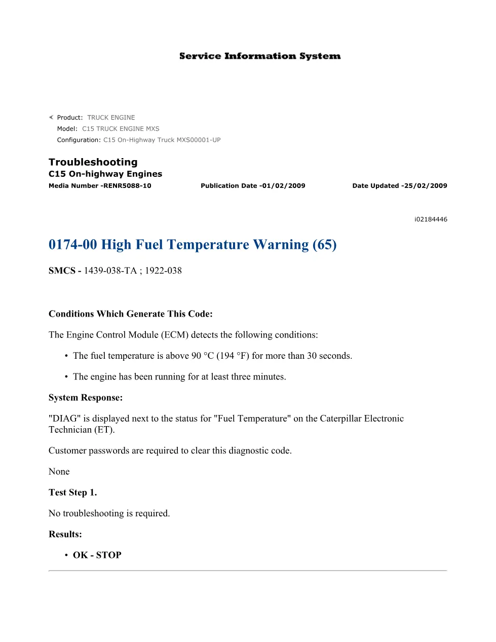 CAT C15 fuel temperature — Troubleshooting Guide 0174-00 - page 1 is available after signing in