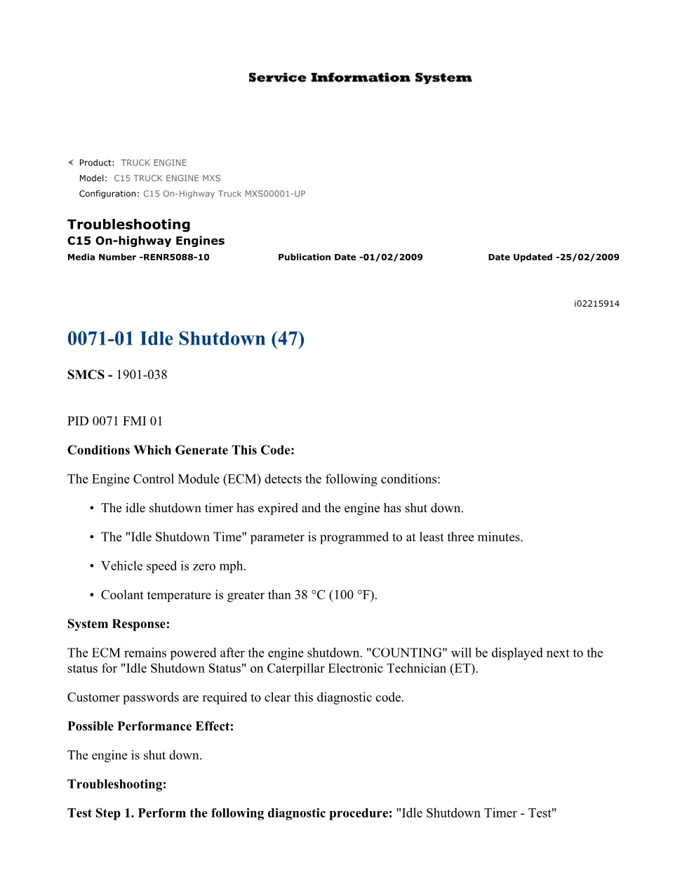 CAT C15 idle shutdown — Troubleshooting Guide RENR5088-10 — PDF, - preview page 1 of 3