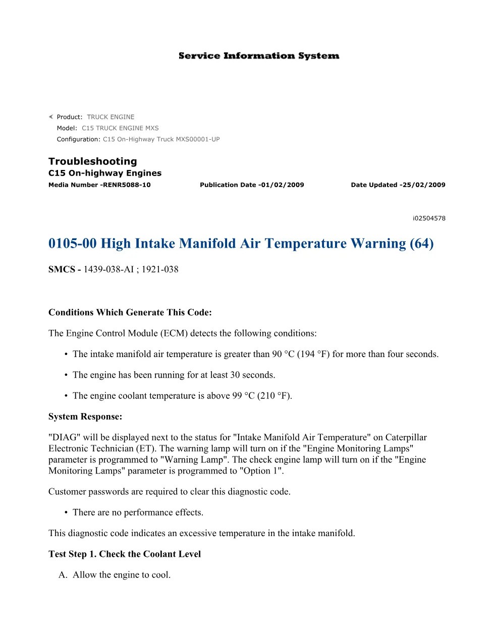 CAT C15 Intake Manifold Temperature — Troubleshooting Guide - preview page 1 of 2