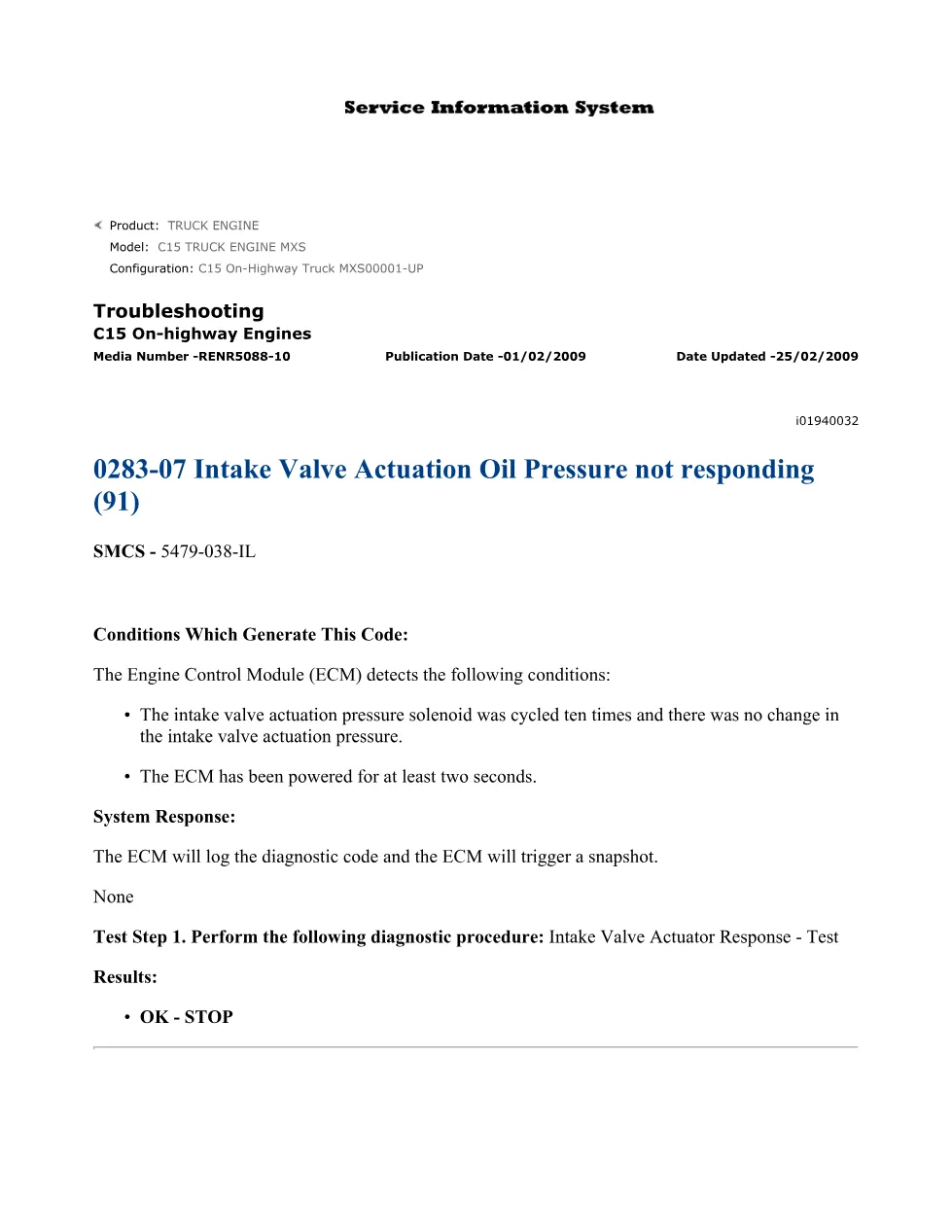 CAT C15 IVA Troubleshooting — Diagnostic Code 283-07 Intake Valve - preview page 1 of 3