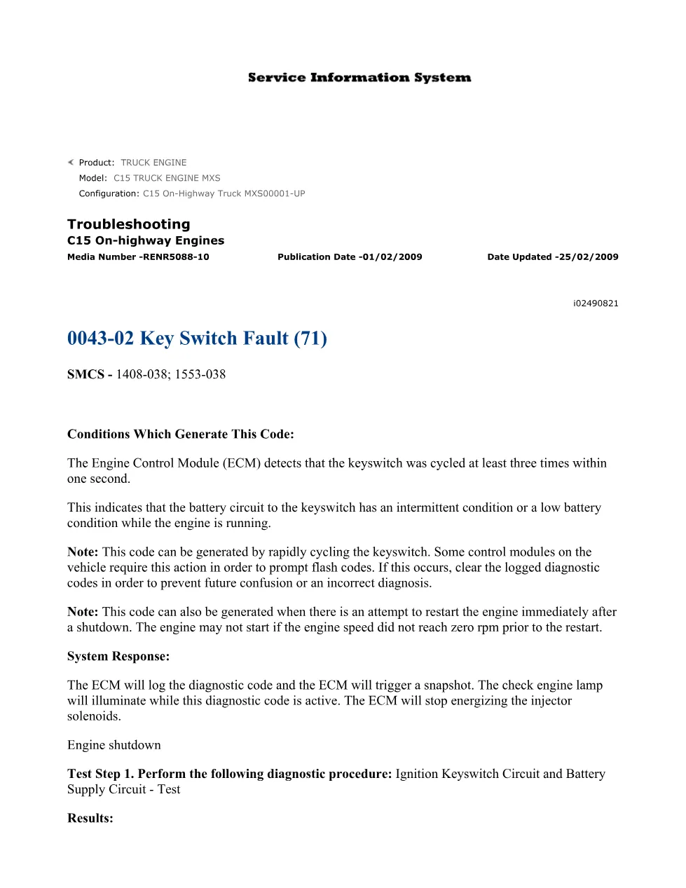 CAT C15 Key Switch Fault — Troubleshooting Guide RENR5088-10 - preview page 1 of 3