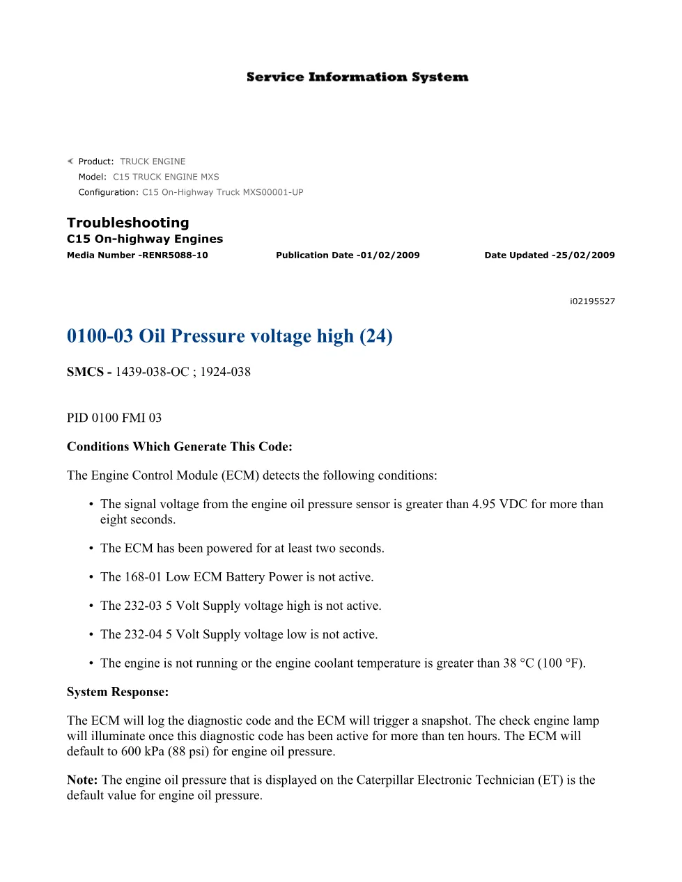 CAT C15 Oil Pressure Troubleshooting — RENR5088-10 — PDF, 14 — DTCs - preview page 1 of 3