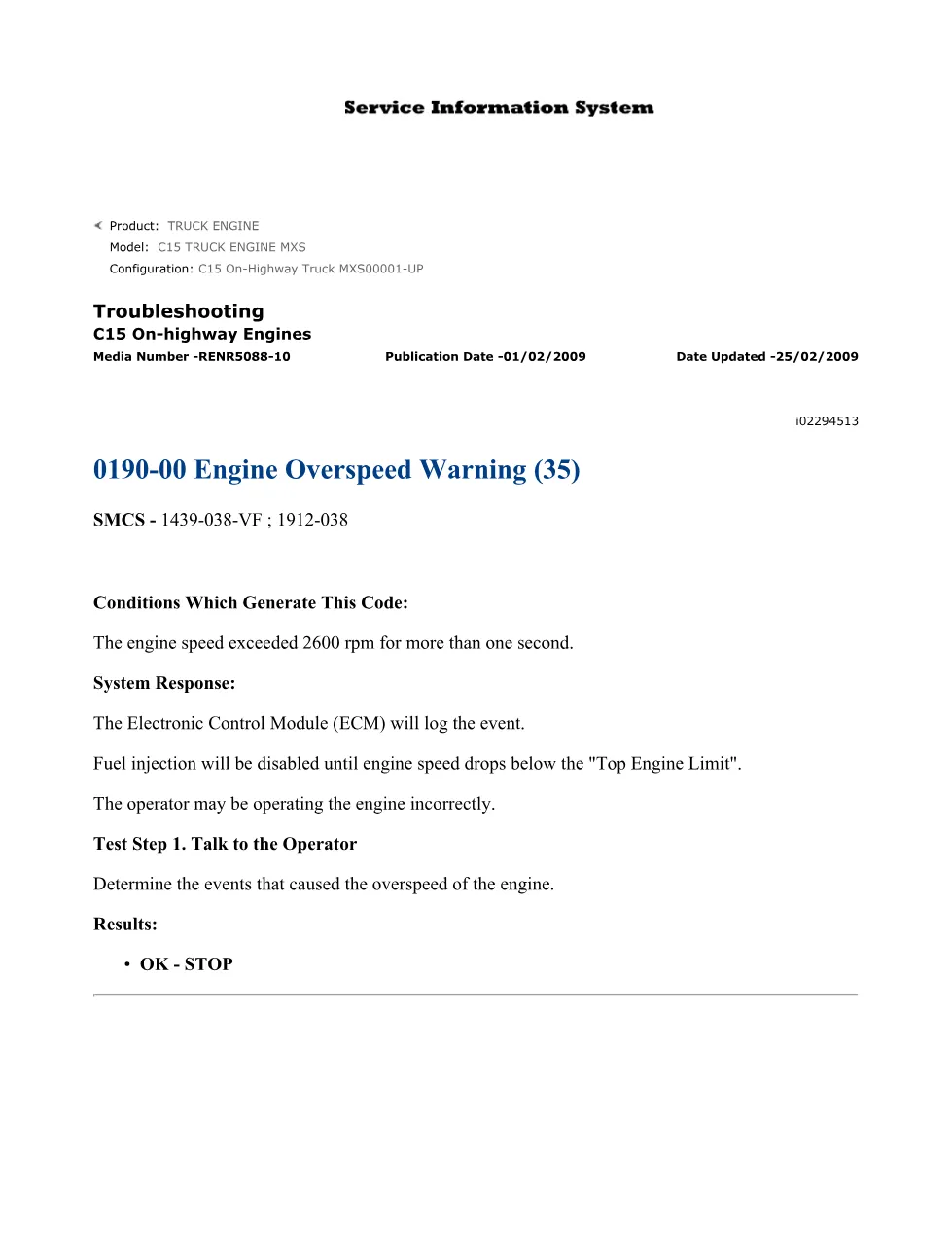 CAT C15 Overspeed Warning — Troubleshooting Guide RENR5088-10 - page 1 is available after signing in