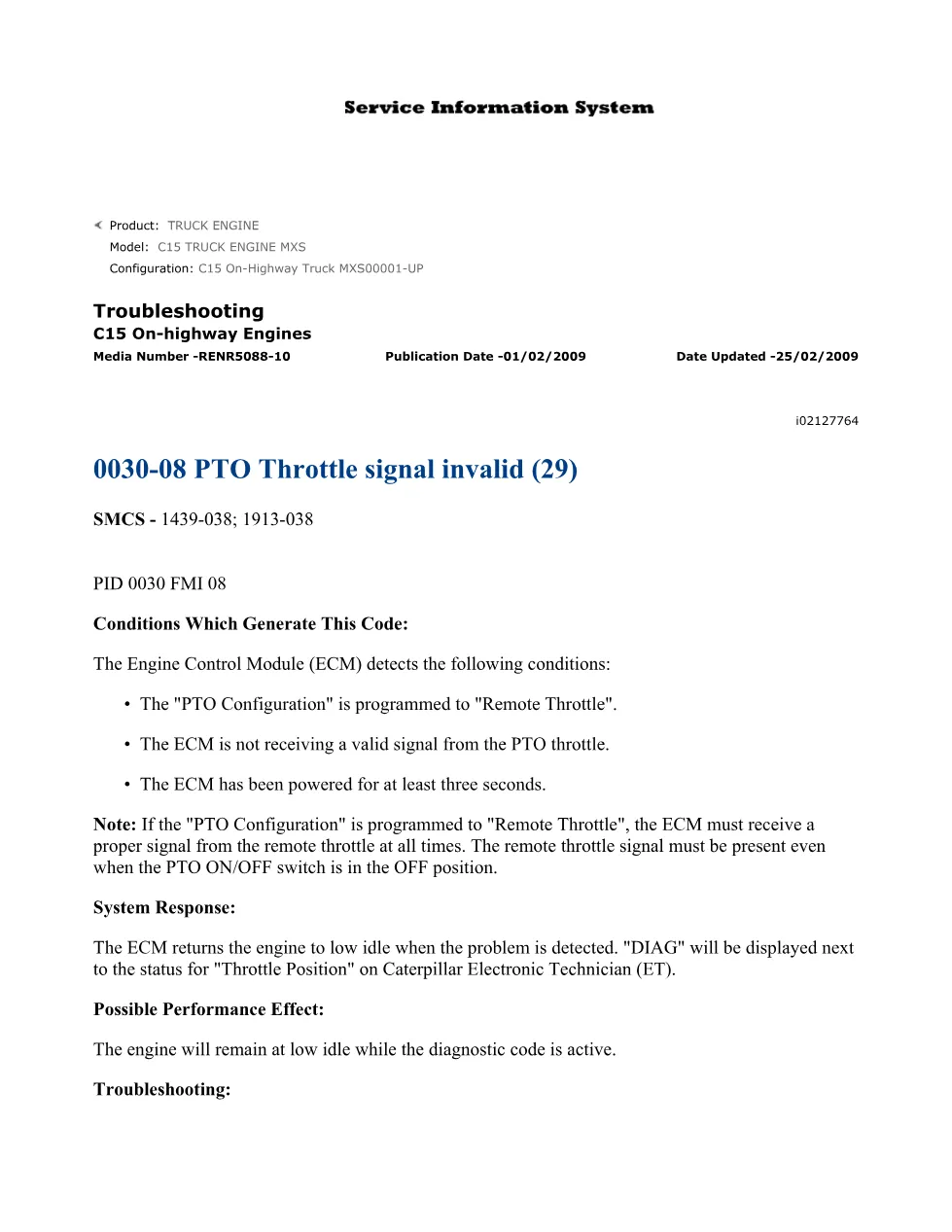 CAT C15 PTO Throttle Troubleshooting — RENR5088-10 — PDF, 14 - preview page 1 of 3