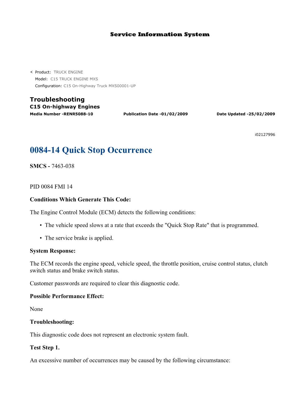 CAT C15 quick stop troubleshooting — 0084-14 Quick Stop – Service - preview page 1 of 2