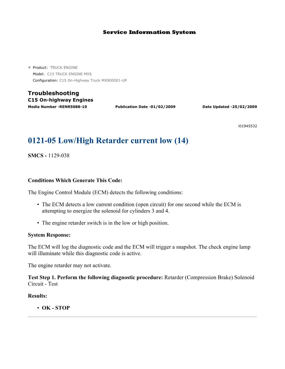 CAT C15 Retarder Troubleshooting — Diagnostic Procedure – Service - preview page 1 of 3