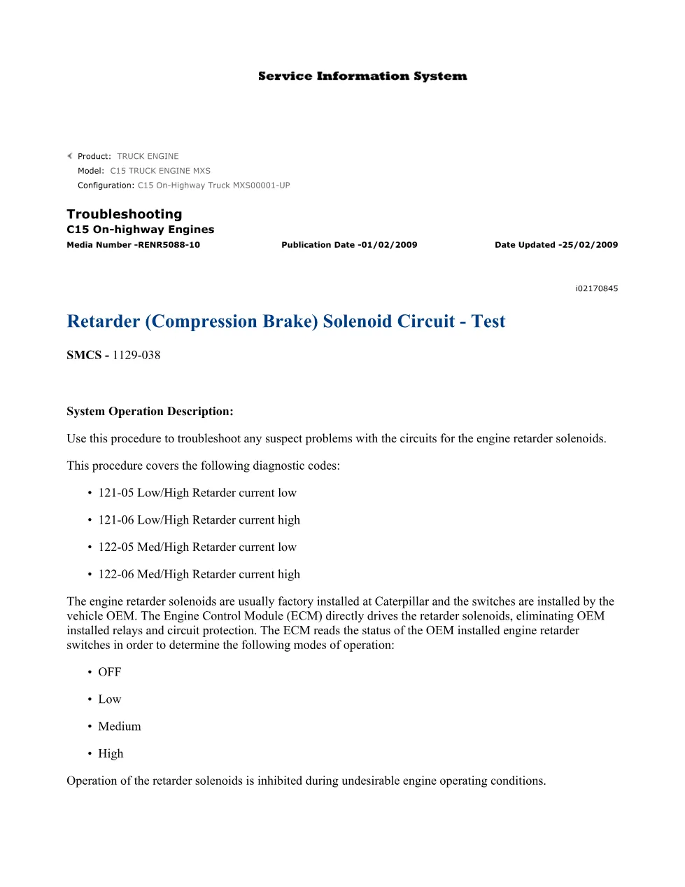 CAT C15 Retarder Troubleshooting — Diagnostic Procedure – Service - preview page 2 of 3