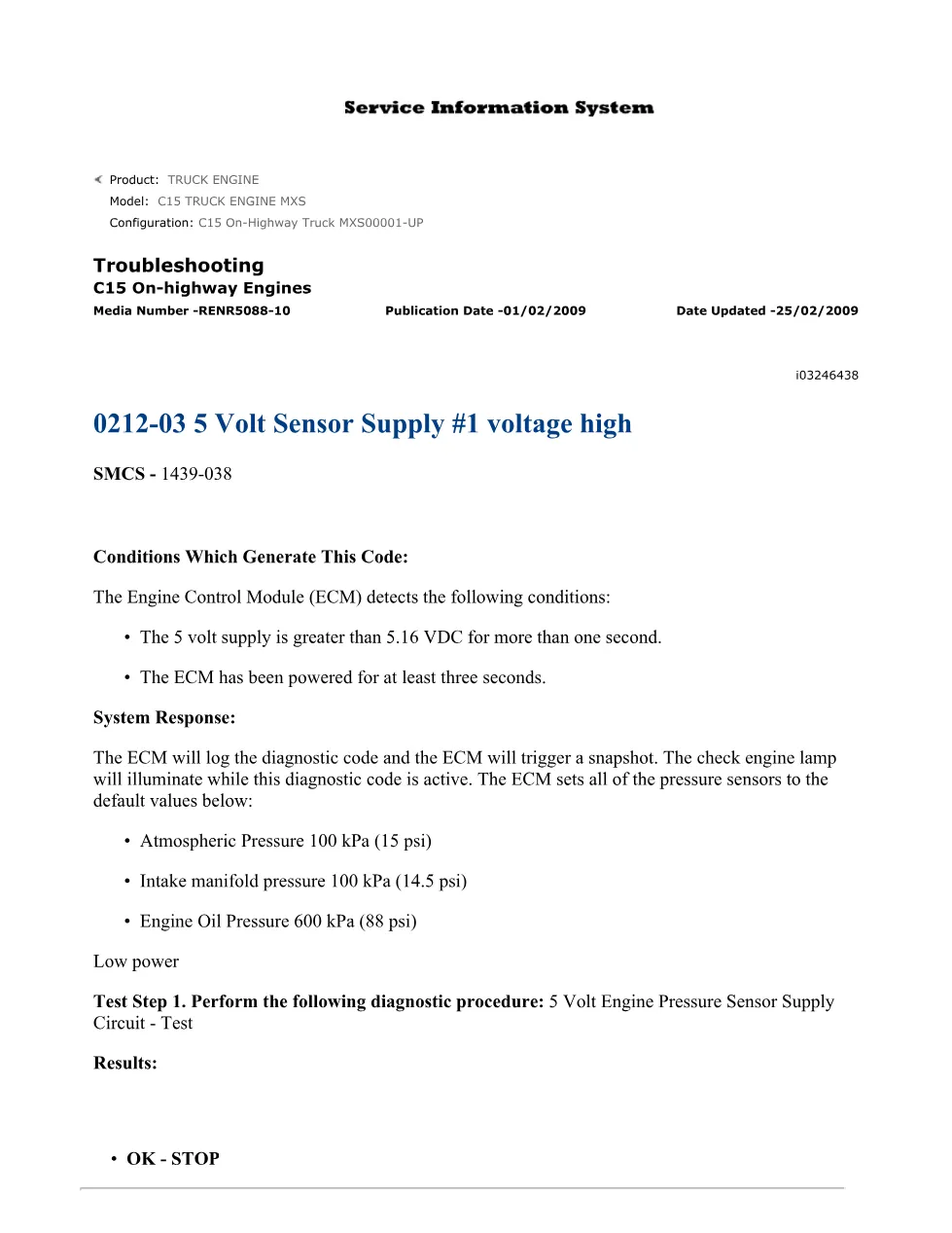 CAT C15 sensor supply troubleshooting — DTC 0212-03 5 Volt Supply - preview page 1 of 3
