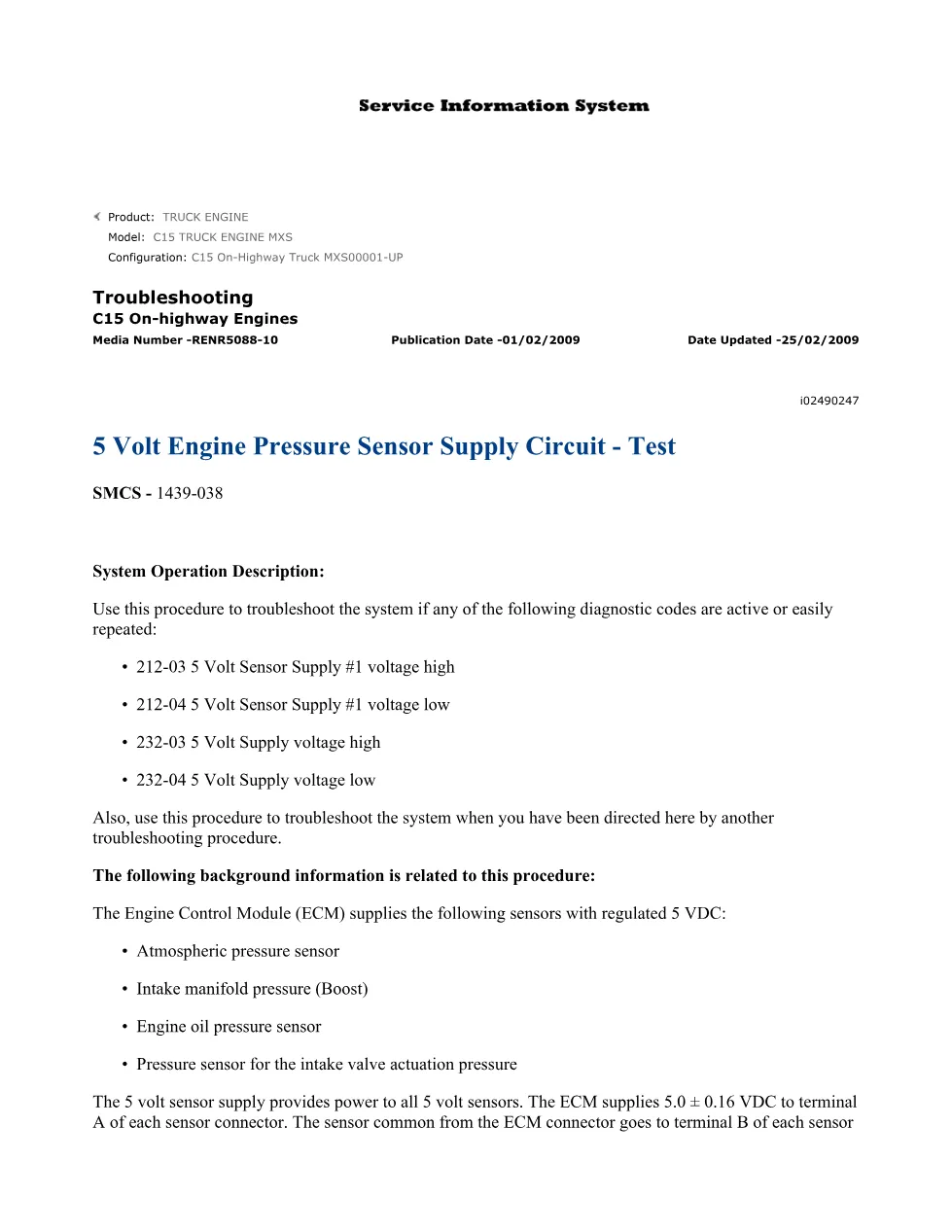 CAT C15 sensor supply troubleshooting — DTC 0212-03 5 Volt Supply - preview page 2 of 3
