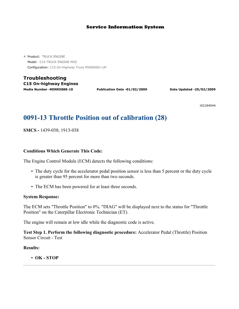 CAT C15 throttle position troubleshooting — 0091-13 Throttle - preview page 1 of 3