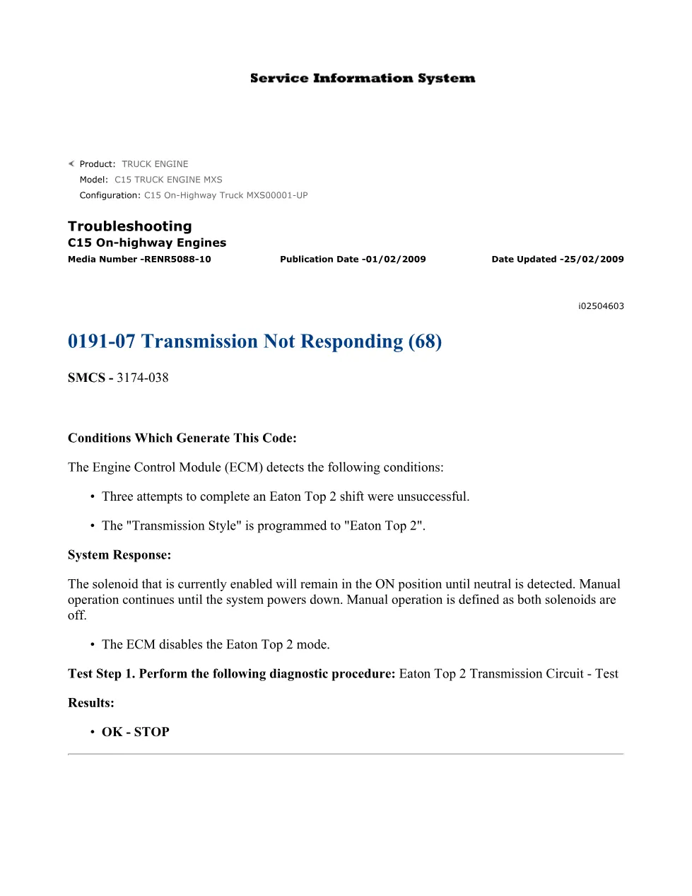 CAT C15 Transmission Troubleshooting — DTC 0191-07 Eaton Top 2 - preview page 1 of 3