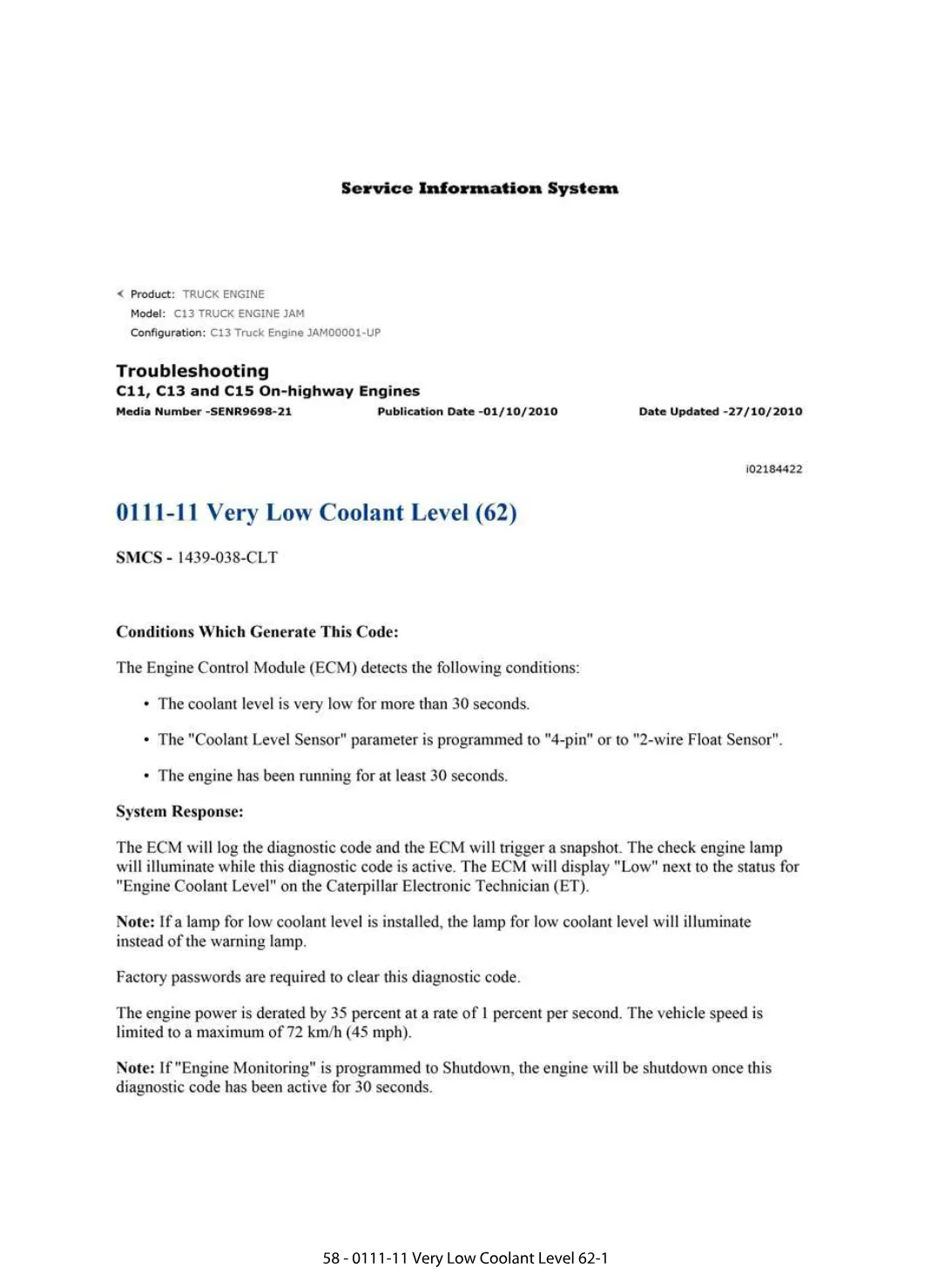 CAT Coolant Level DTC — 0111-11 Very Low Coolant Level 62 — PDF, - preview page 1 of 2